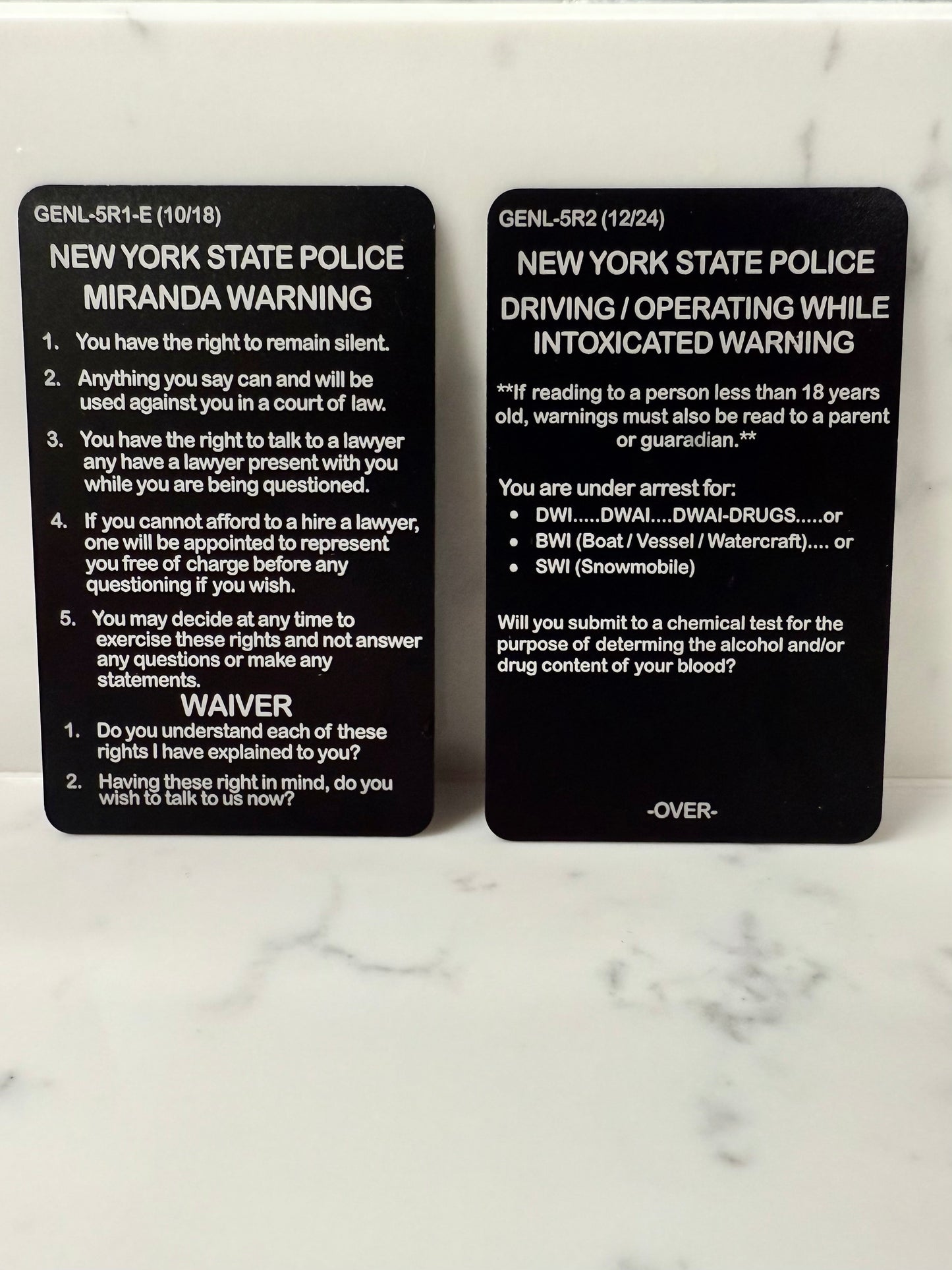 New York State Police Metal Cards - DWI, Miranda, SFST, DRE Matrix