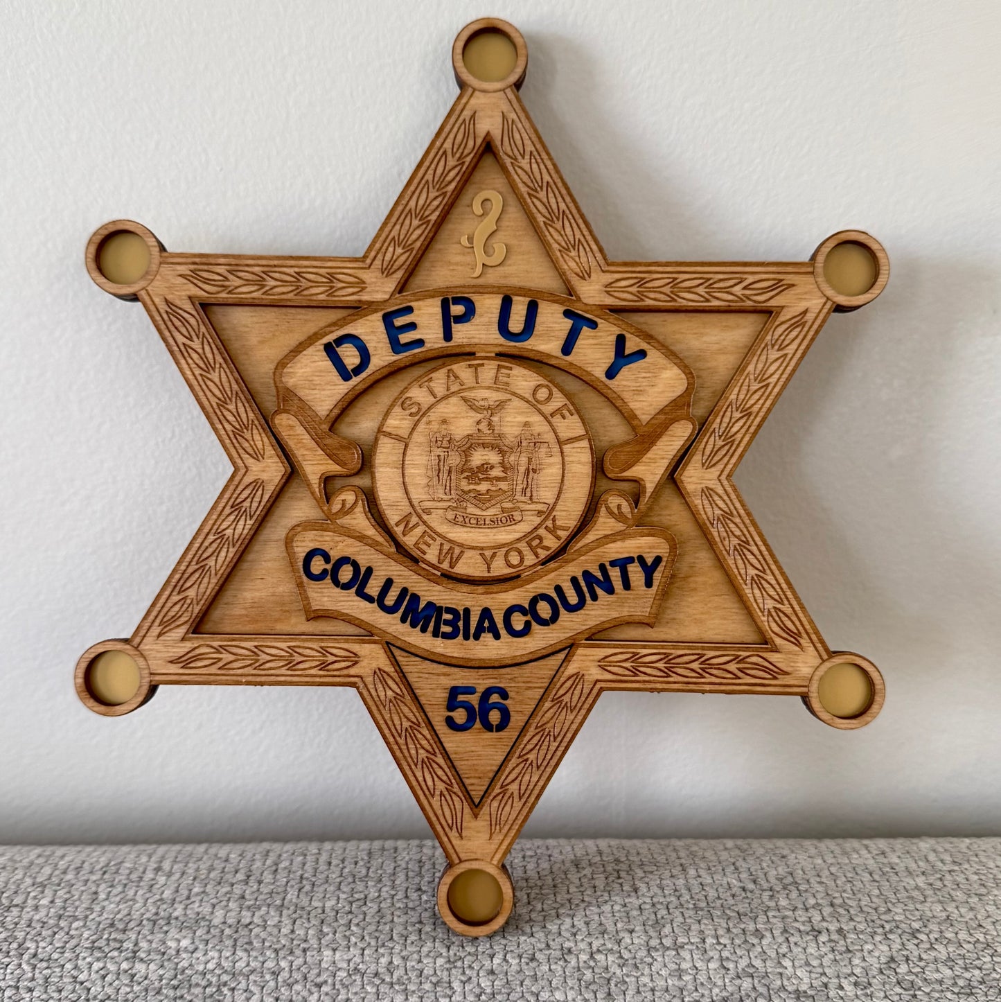Columbia County Sheriff's Office deputy star badge, laser engraved wood, number 56