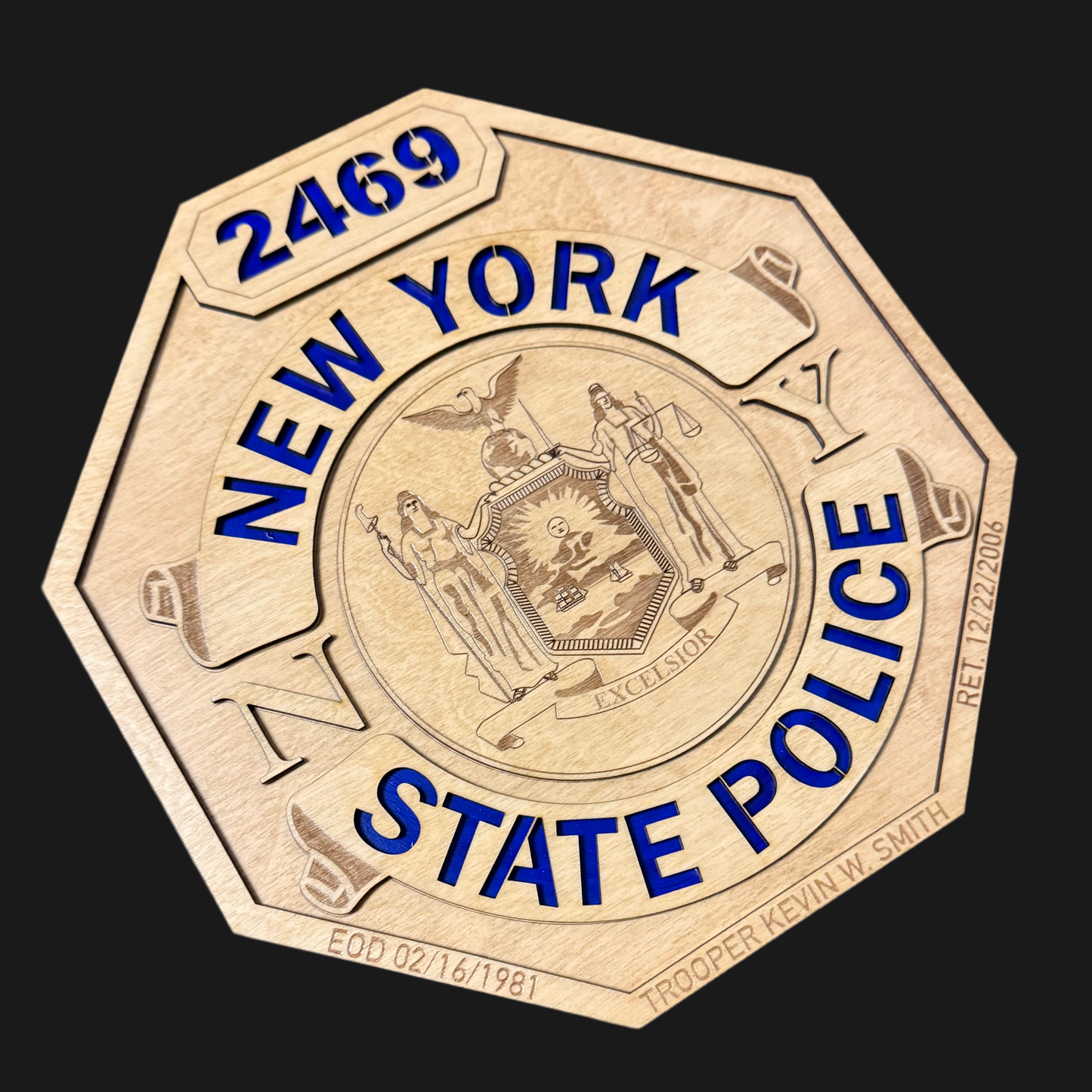 New York State Police Engraved Wooden Shield Replica