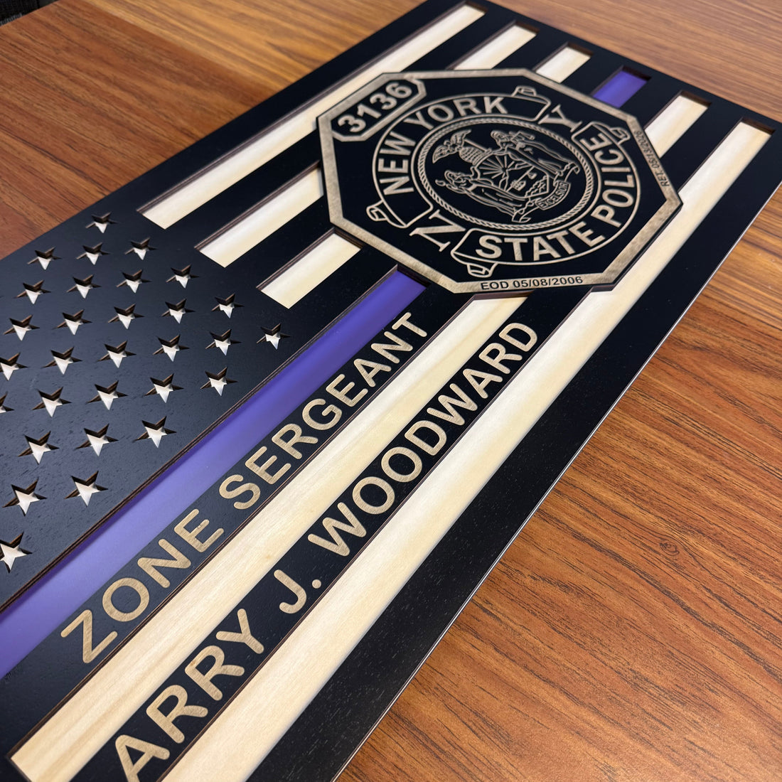 Custom engraved Thin Blue Line flag with police badge