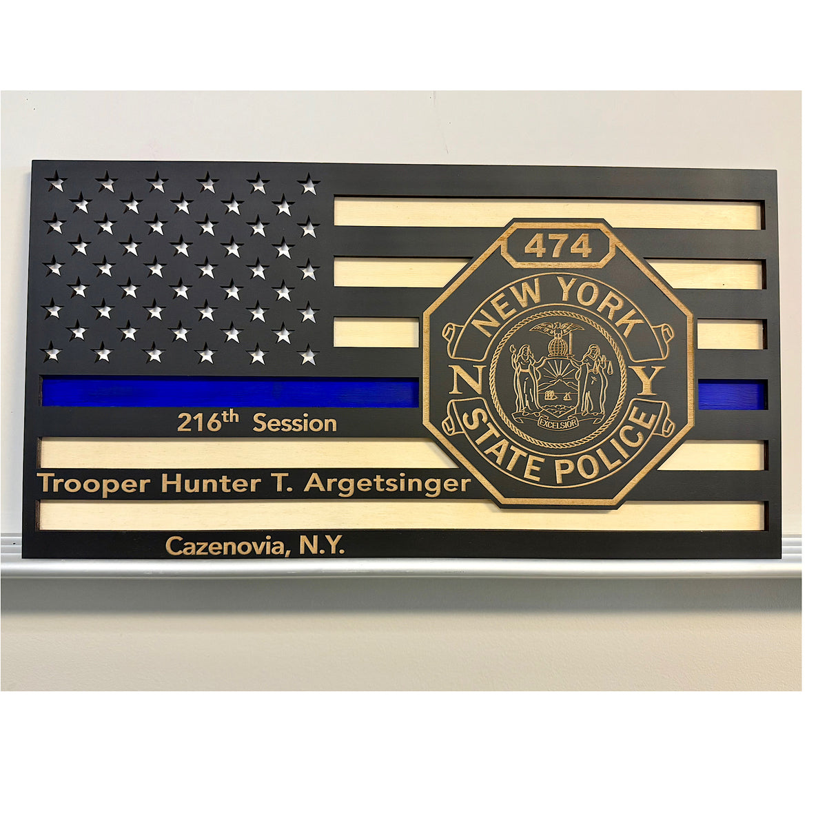 Custom thin blue line wood flag engraved with New York State Police badge number 474