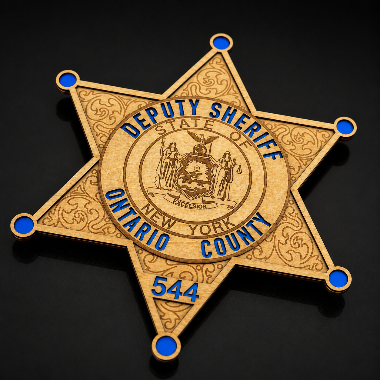 Personalized Ontario County Sheriff wooden badge replica, laser engraved deputy star