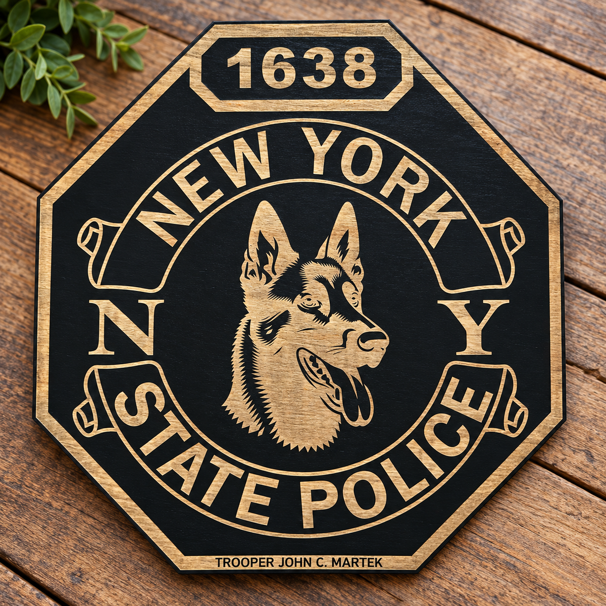 NYSP shield with K9 German shepherd and shield number 1638, engraved in black and natural wood grain
