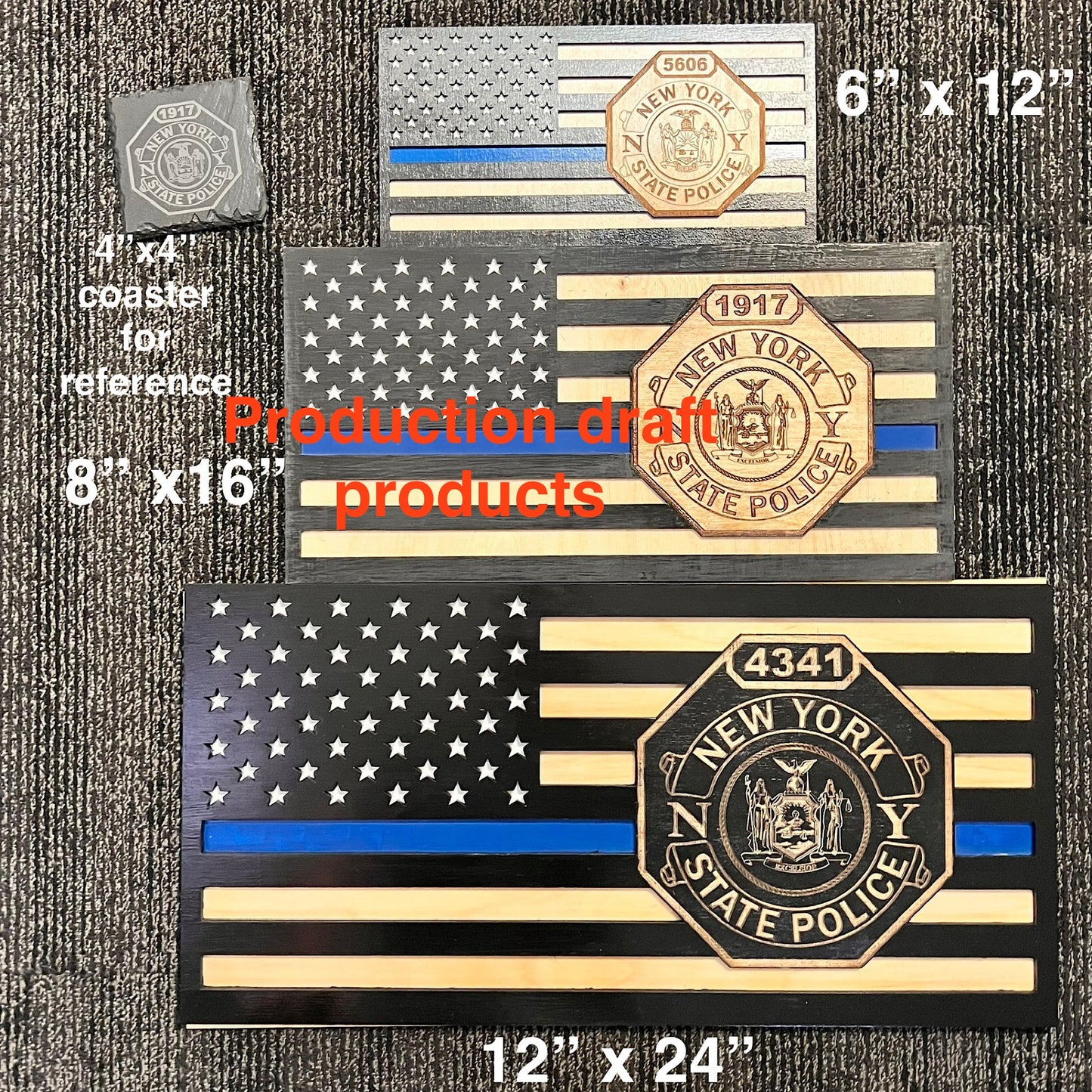 Custom Engraved Wooden Thin Blue Line Flag: Police