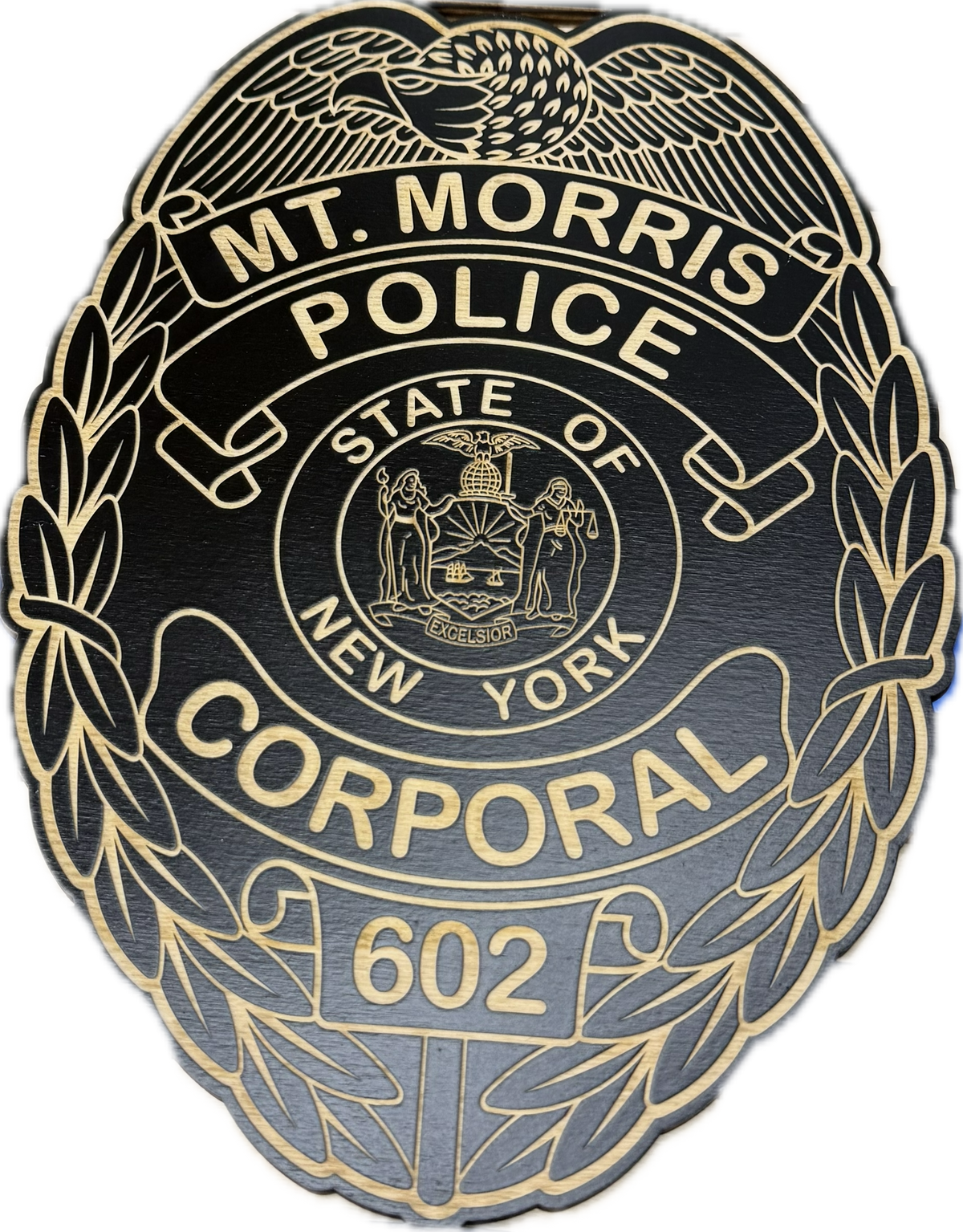Mt. Morris Police corporal badge engraved in black and natural wood grain, single layer