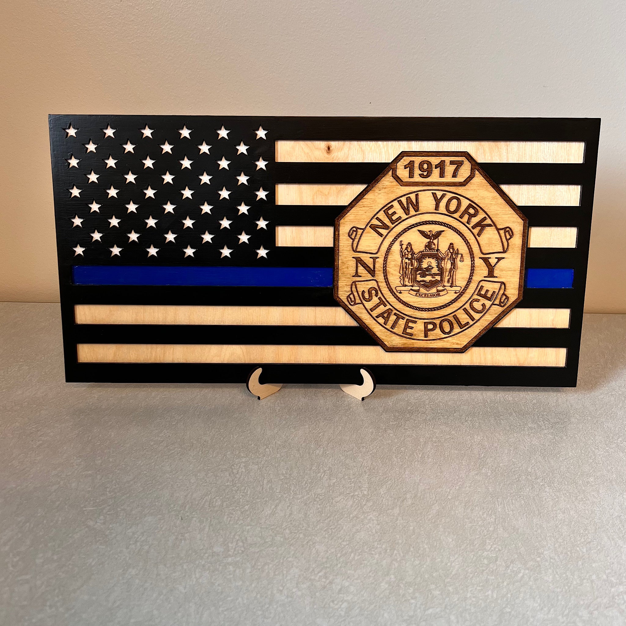 Laser Engraved hot Wood Thin blue line flag