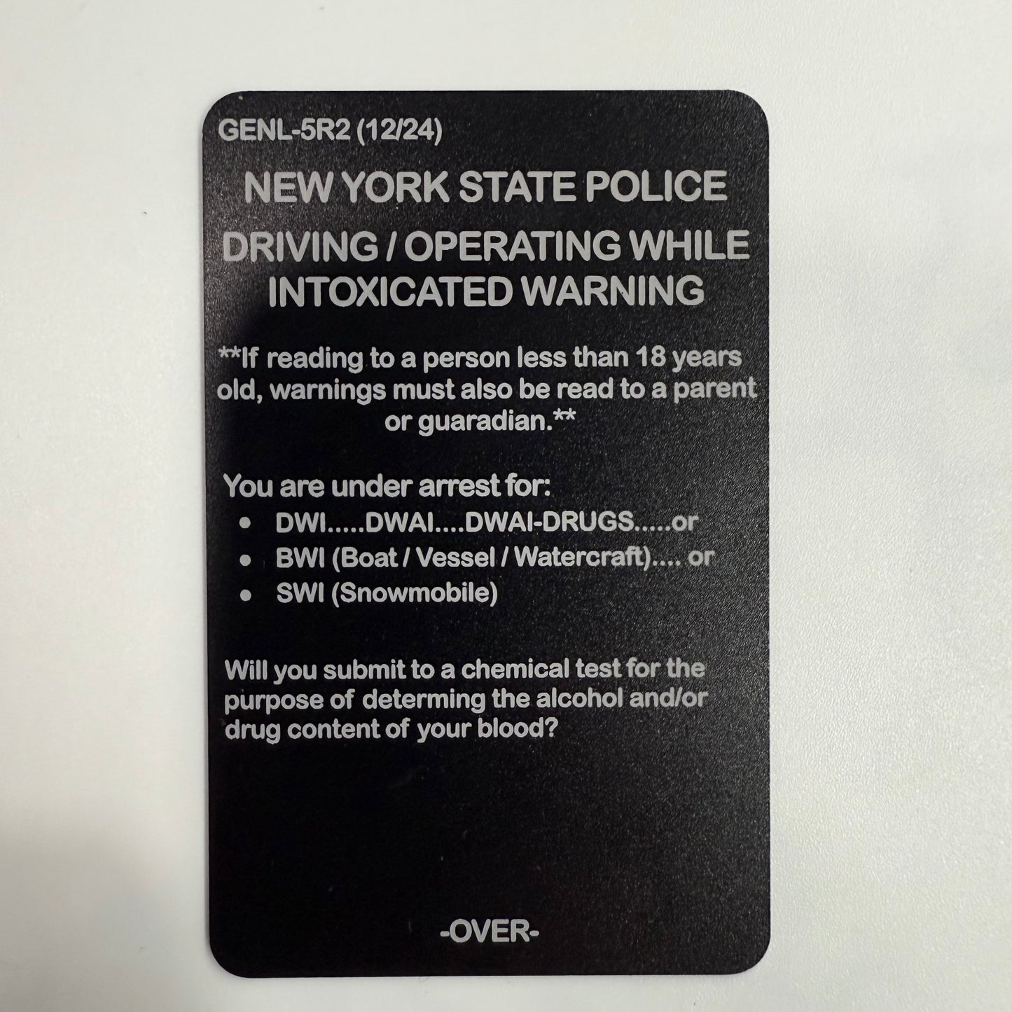 New York State Police Metal Cards - DWI, Miranda, SFST, DRE Matrix