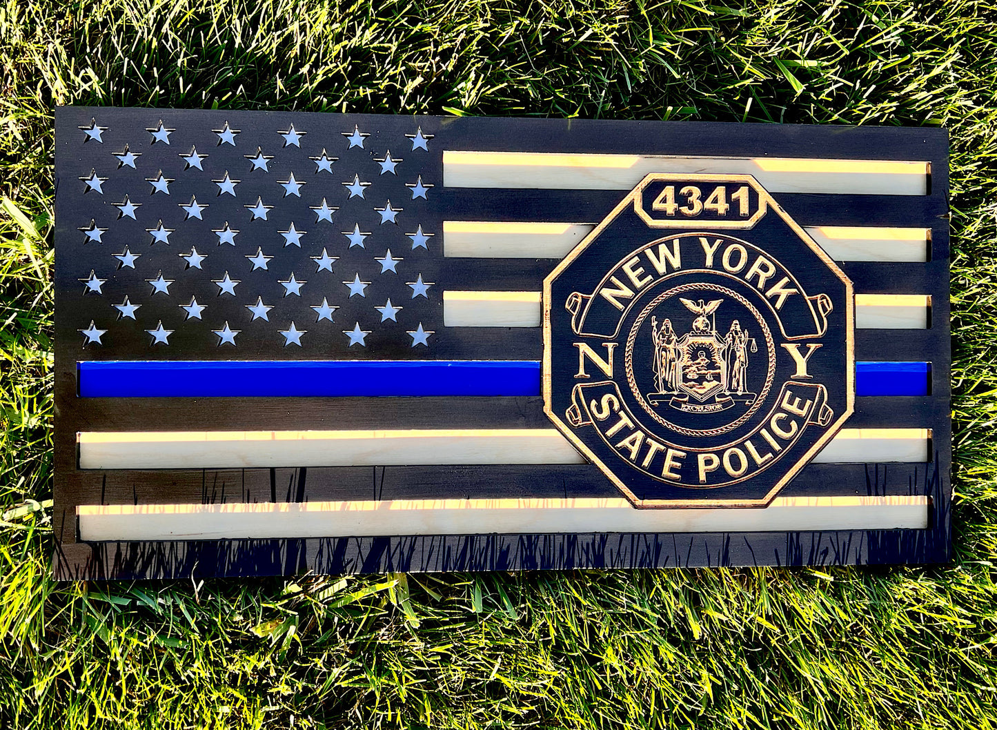 Custom Engraved Wooden Thin Blue Line Flag: Police