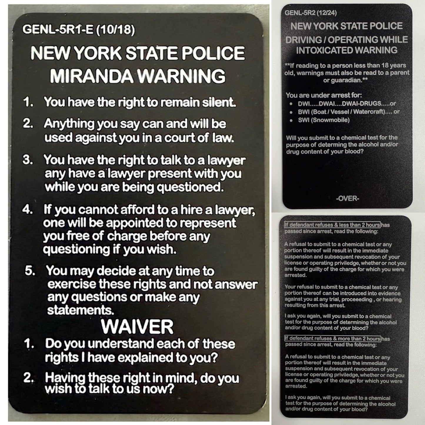 New York State Police Metal Cards - DWI, Miranda, SFST, DRE Matrix