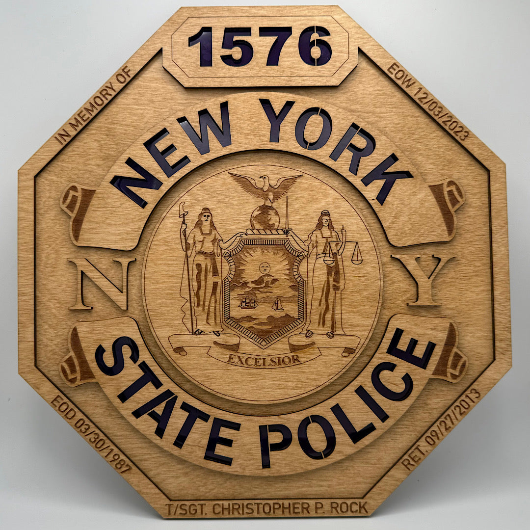 Engraved NYSP shield with purple epoxy 
