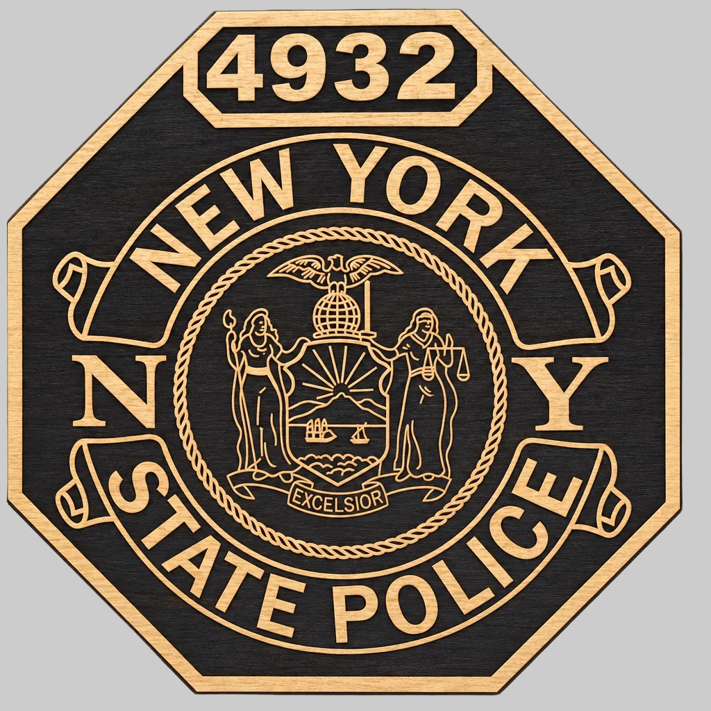 New York State Police shield engraved in black and natural wood grain, single layer, shield number 4932