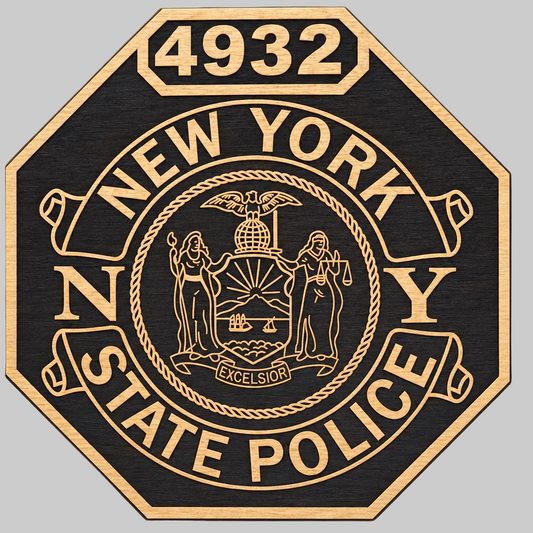New York State Police shield engraved in black and natural wood grain, single layer, shield number 4932