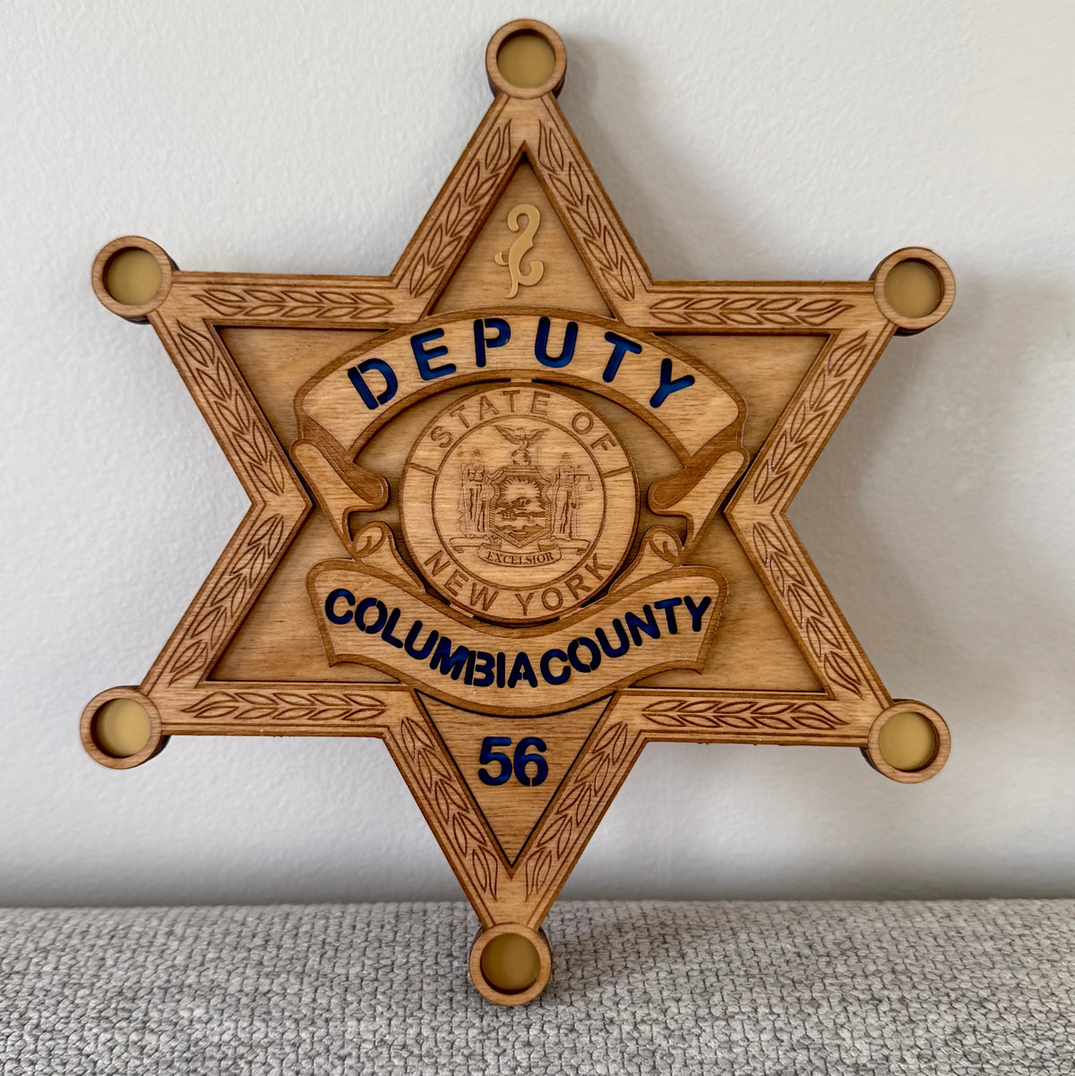 Columbia County Sheriff's Office deputy star badge, laser engraved wood, number 56