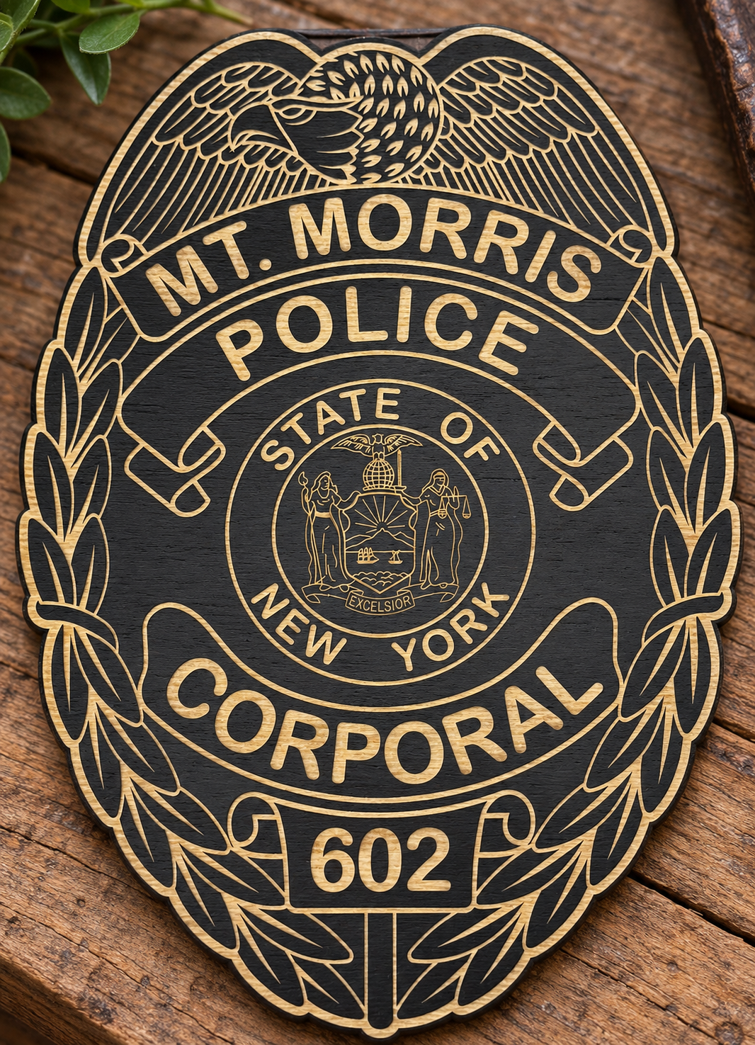 NYSP Shield Custom Engraved Wood