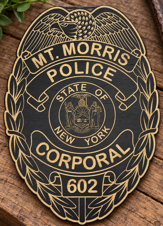 Mt. Morris Police corporal badge 602 engraved in black and natural wood grain, single layer