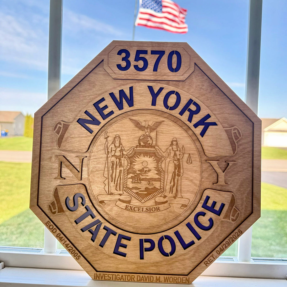 New York State Police engraved wood shield plaque with badge number 3570