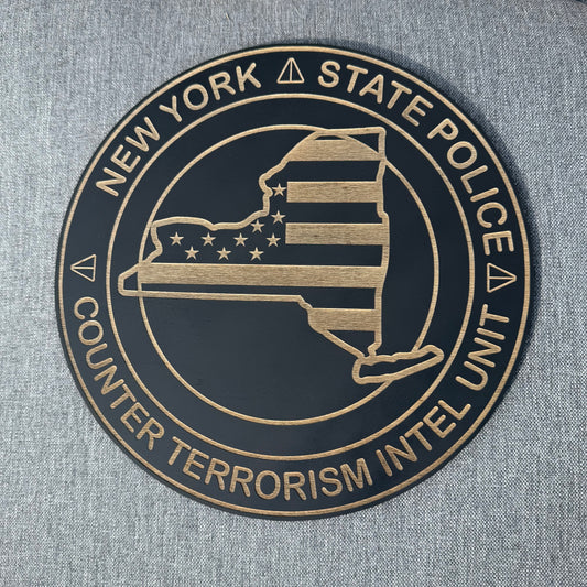 New York State Police Counter Terrorism Intel Unit emblem engraved in black and natural wood grain