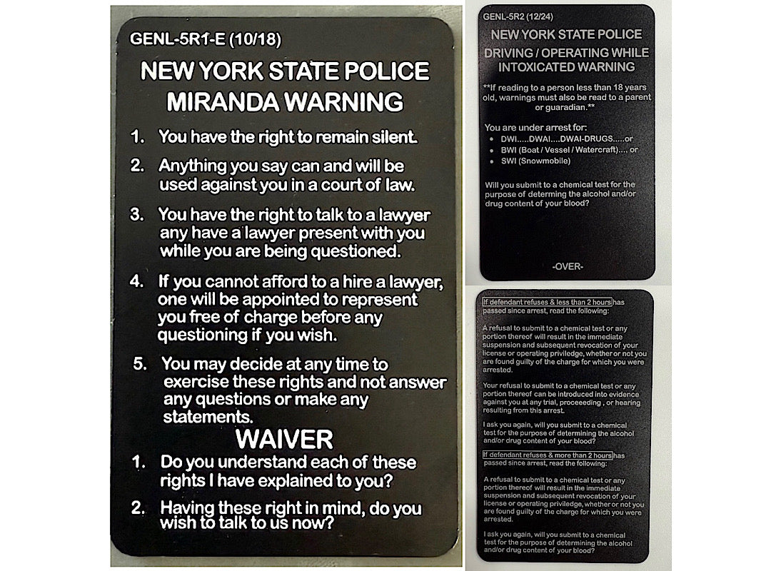 New York State Police Metal Cards - DWI, Miranda, SFST, DRE Matrix