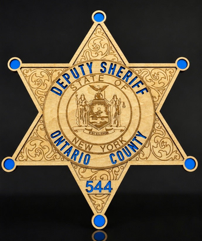 Ontario County Sheriff deputy star badge engraved in wood, personalized number 544