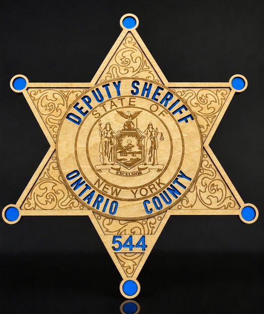 Ontario County Sheriff deputy star badge engraved in wood, personalized number 544