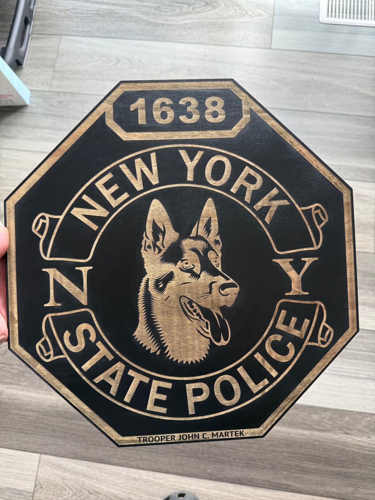 Single-layer NYSP K9 shield number 1638 held up to show its size